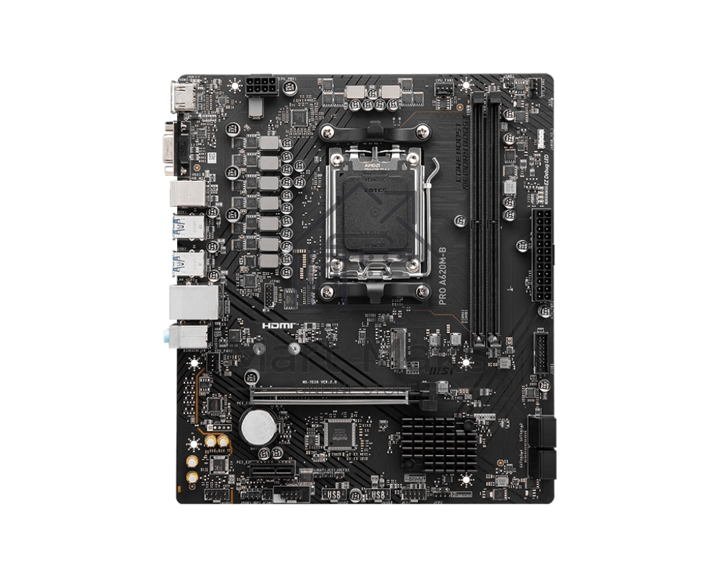 Материнская плата MSI PRO A620M-B, AM5, AMD A620, 2xDDR5, 4xSATA, 1xM.2 (PCIe 4.0 x4), 1xPCIe 4.0 x16, 1xPCIe 3.0 x1, 1xHDMI, 1xVGA, 1x2.5Gb LAN, 6xUSB-A 5Gbps, 6xUSB-A 2.0, 3x3.5 мм, 7.1, mATX