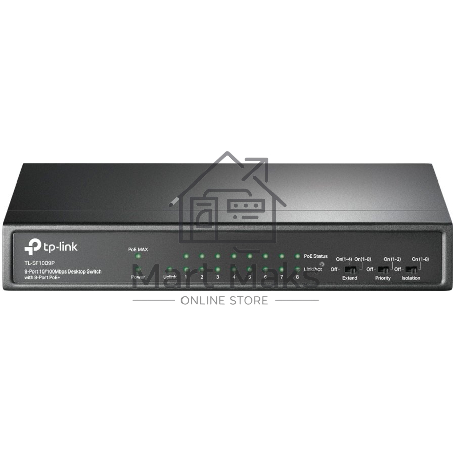 Коммутатор 9-port 10/100Mbps unmanaged switch with 8 PoE+ ports, compliant with 802.3af/at PoE, 65W PoE budget, support 250m Extend Mode, Priority mode and Isolation mode, desktop mount, plug and play.