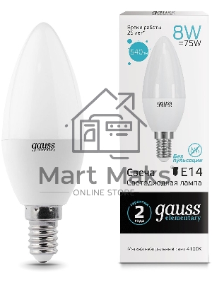Лампа светодиодная LED Gauss 8Вт E14 220В 4100К Elementary свеча 33128