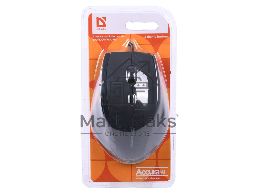 Мышь проводная Defender Accura MM-362 черный, 1600 dpi, USB, кнопки - 6