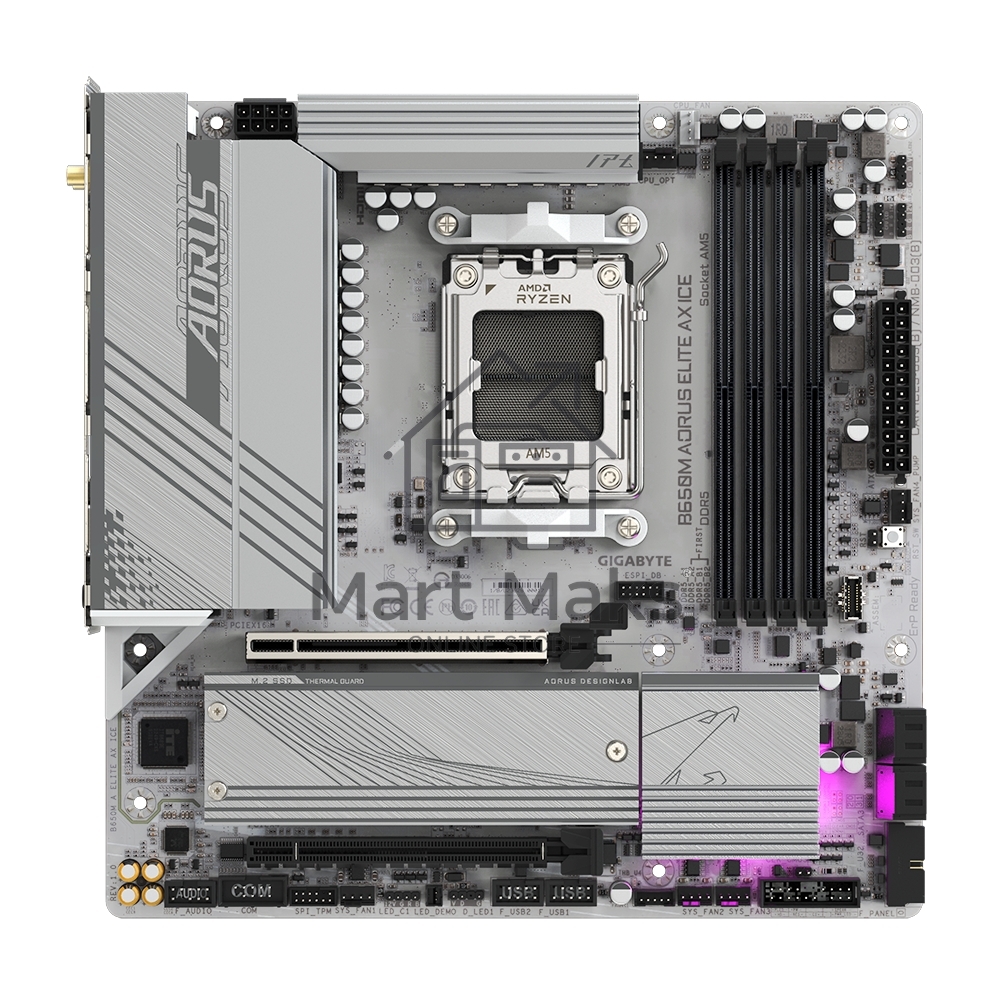 Материнская плата GIGABYTE B650M AORUS ELITE AX ICE, AM5, AMD B650, 4xDDR5, 4xSATA, 2xM.2, 1xPCIe 4.0 x16, 1xPCIe 4.0 x4, 1xDP, 1xHDMI, 1x2.5Gb LAN, Wi-Fi 6E, Bluetooth 5.3, S/PDIF, 2xUSB-C 10Gbps, 2xUSB-A 10Gbps, 5xUSB-A 5Gbps, 4xUSB-A 2.0, 2x3.5 мм, 7.1