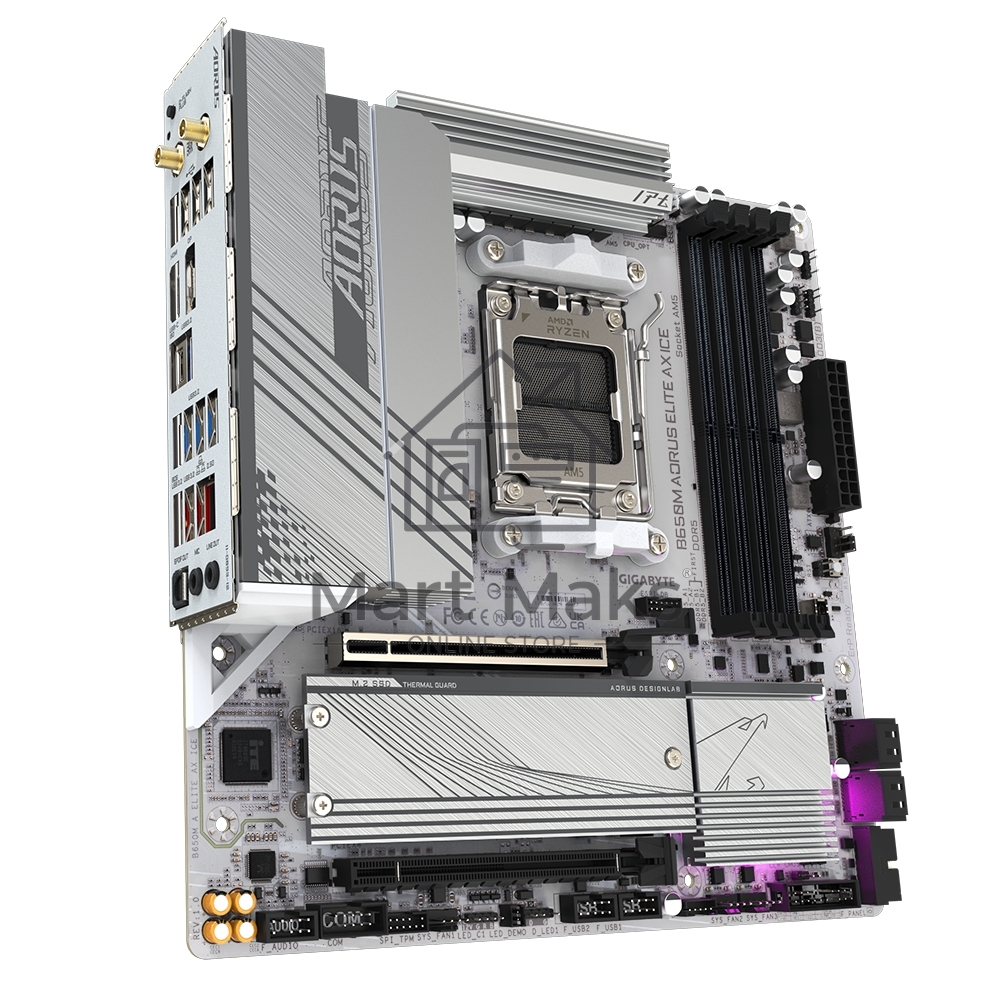 Материнская плата GIGABYTE B650M AORUS ELITE AX ICE, AM5, AMD B650, 4xDDR5, 4xSATA, 2xM.2, 1xPCIe 4.0 x16, 1xPCIe 4.0 x4, 1xDP, 1xHDMI, 1x2.5Gb LAN, Wi-Fi 6E, Bluetooth 5.3, S/PDIF, 2xUSB-C 10Gbps, 2xUSB-A 10Gbps, 5xUSB-A 5Gbps, 4xUSB-A 2.0, 2x3.5 мм, 7.1