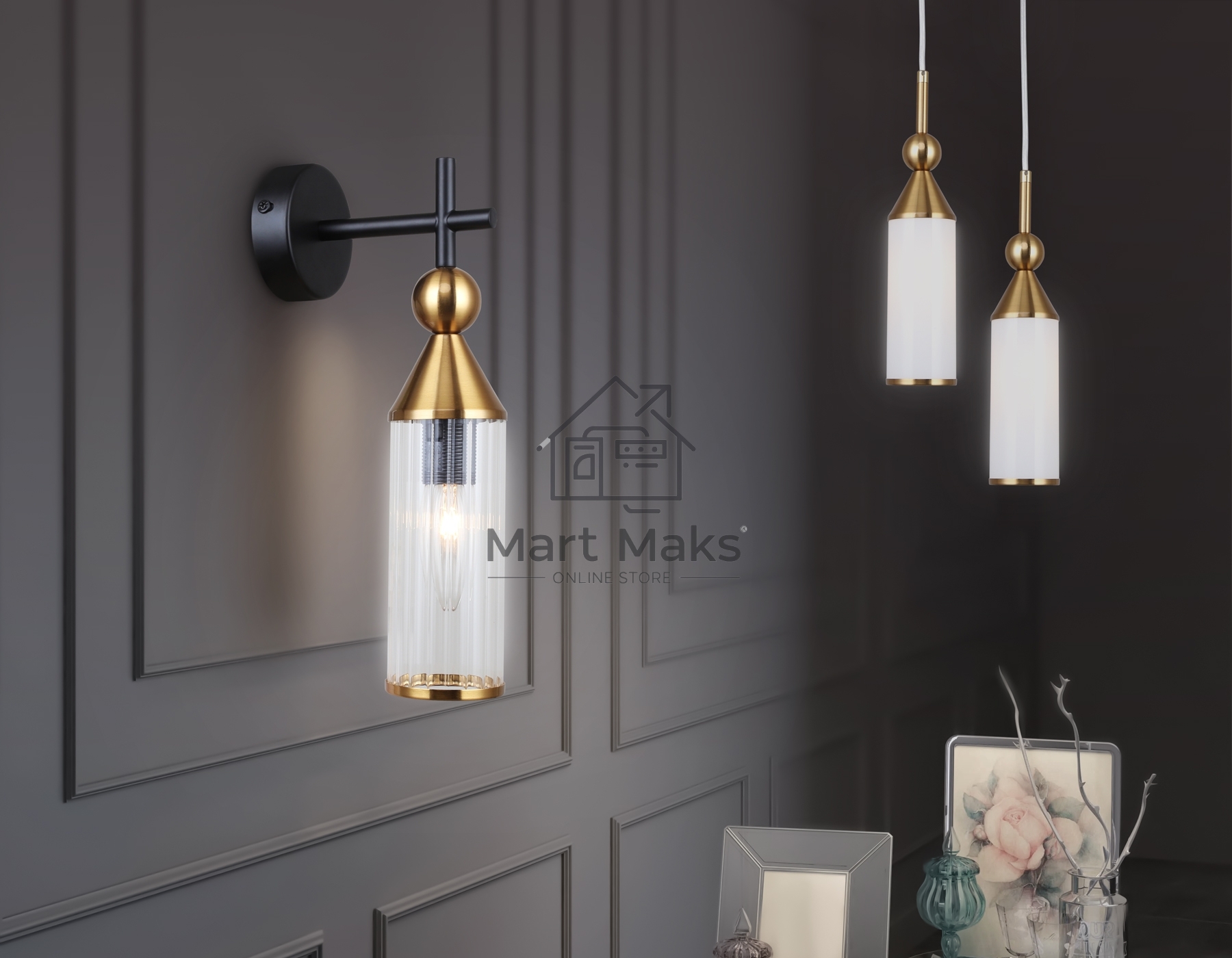 Настенный светильник Ambrella light LH55260 BK/BS/CL черный/латунь/прозрачный E14 max 40W 140*80*310