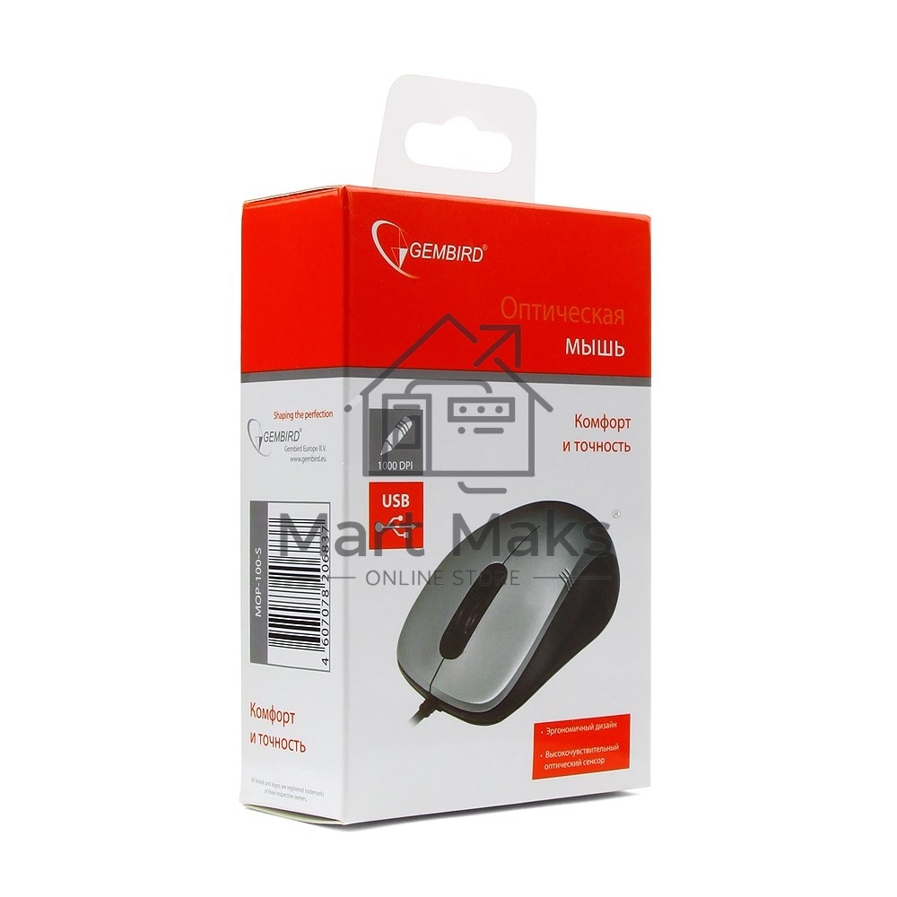 Мышь проводная Gembird MOP-100-S серебристый, 1000 dpi, USB, кнопки - 3