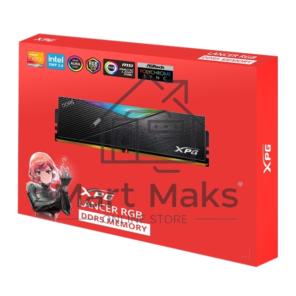 Оперативная память XPG Lancer, DDR5, 32GB (2x16GB), 6400MHz, CL32, DIMM, с радиаторами, RGB, черный