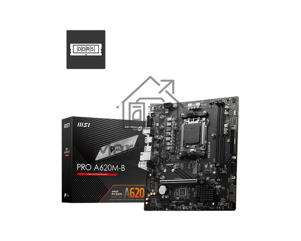 Материнская плата MSI PRO A620M-B, AM5, AMD A620, 2xDDR5, 4xSATA, 1xM.2 (PCIe 4.0 x4), 1xPCIe 4.0 x16, 1xPCIe 3.0 x1, 1xHDMI, 1xVGA, 1x2.5Gb LAN, 6xUSB-A 5Gbps, 6xUSB-A 2.0, 3x3.5 мм, 7.1, mATX