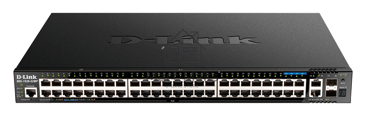Управляемый L3 стекируемый коммутатор D-Link DGS-1520-52MP/A1A с 44 портами 10/100/1000Base-T, 4 портами 100/1000/2.5GBase-T, 2 портами 10GBase-T и 2 портами 10GBase-X SFP+