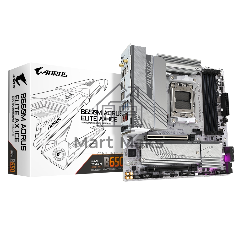 Материнская плата GIGABYTE B650M AORUS ELITE AX ICE, AM5, AMD B650, 4xDDR5, 4xSATA, 2xM.2, 1xPCIe 4.0 x16, 1xPCIe 4.0 x4, 1xDP, 1xHDMI, 1x2.5Gb LAN, Wi-Fi 6E, Bluetooth 5.3, S/PDIF, 2xUSB-C 10Gbps, 2xUSB-A 10Gbps, 5xUSB-A 5Gbps, 4xUSB-A 2.0, 2x3.5 мм, 7.1