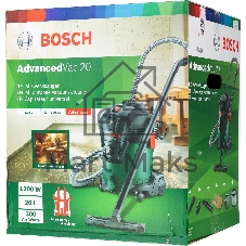Строительный пылесос Bosch AdvancedVac20 зеленый, 300/1200 Вт, уборка сухая/влажная, пылесборник мешок/контейнер, 20 л