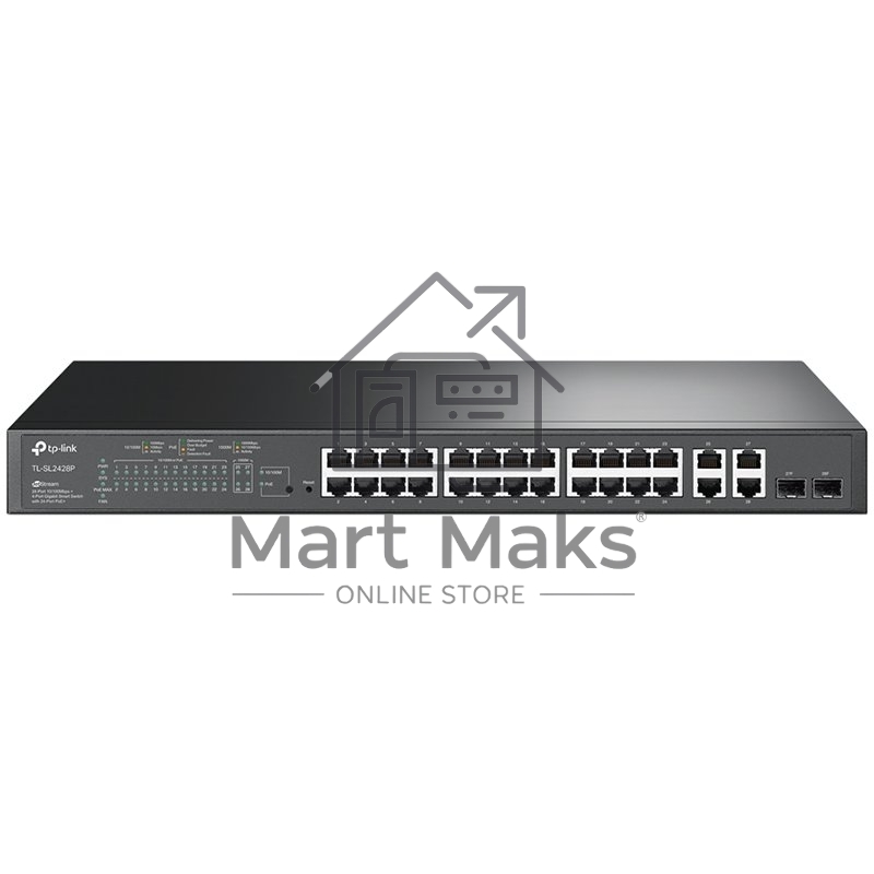 Сетевой коммутатор JetStream 24-port 10/100Mbps + 4-port Gigabit L2 Smart Switch with 24-port PoE+, PoE budget up to 250W, support PoE power management, with abundant L2 features,1U rack mountable, full managed via web UI/CLI/SSH/Telnet/SNMP