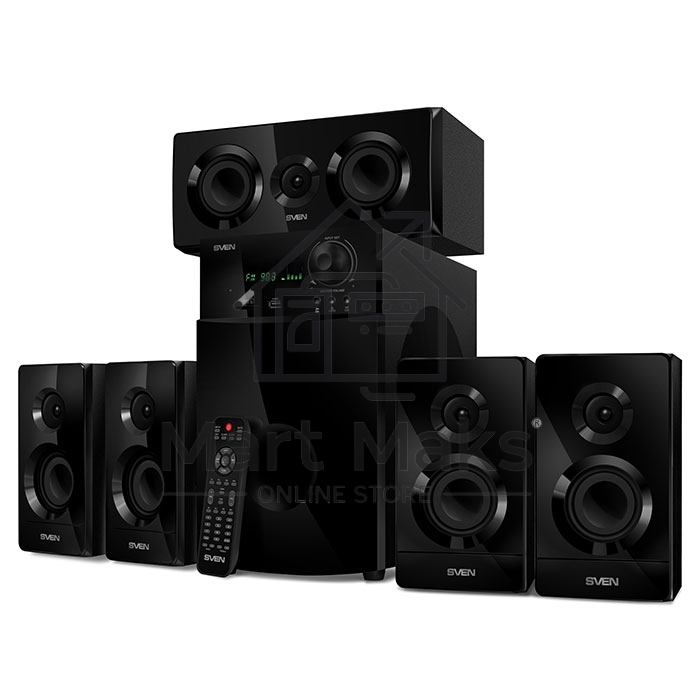 Аудиоколонки SVEN HT-210, черный, акустическая система 5.1, мощность (RMS):50Вт+5x15Вт, Bluetooth, Optical, Coaxial, FM-тюнер, USB/SD, дисплей, ПДУ