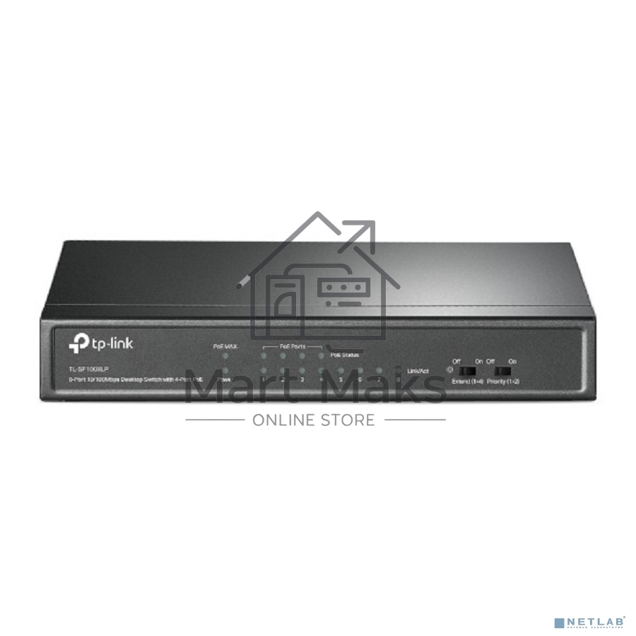 Коммутатор TP-Link 8-Port 10/100Mbps Unmanaged Switch with 4-Port PoE, metal case, desktop mount, PoE budget 41W.