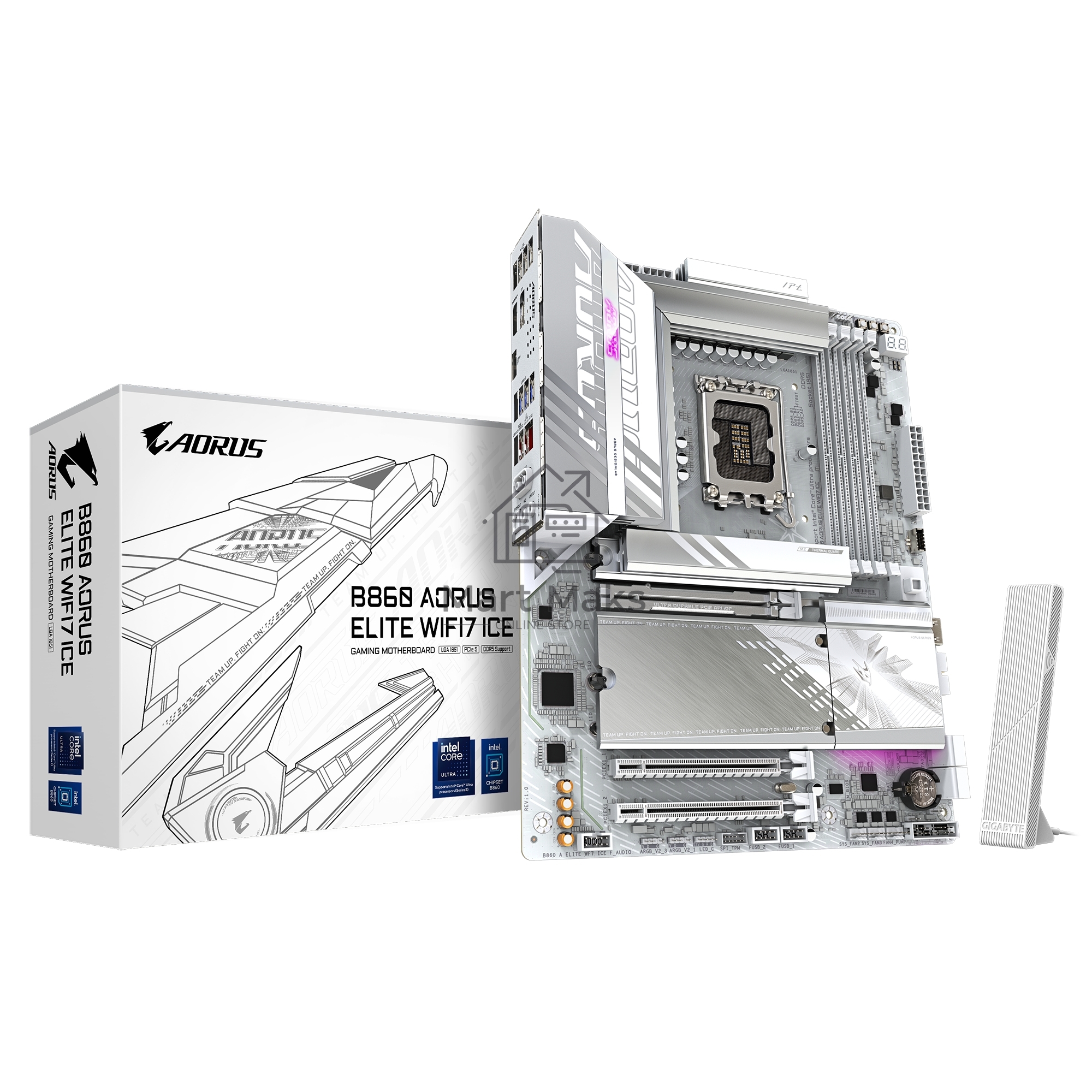 Материнская плата Gigabyte B860 AORUS ELITE WIFI7 ICE, LGA 1851, Intel B860, 4xDDR5, 4xSATA, 3xM.2, 1xPCIe 5.0 x16, 2xPCIe 4.0 x1, 1xHDMI, 2xDP, 1x 2.5Gb LAN, 6xUSB-A 3.2, 1xUSB-C 3.2, 4xUSB-A 2.0, 2x3.5 мм, 7.1, ATX