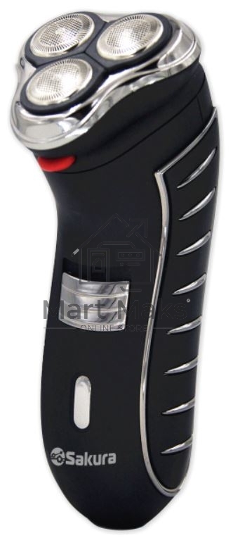 Электробритва Sakura SA-5414BK черный(Бритва электрическая, сухое бритье, работа от аккумулятора. 3 бреющие головки. Прорезиненная поверхность. Индикатор заряда батарейки. Защитная крышка. Щеточка для очистки.)