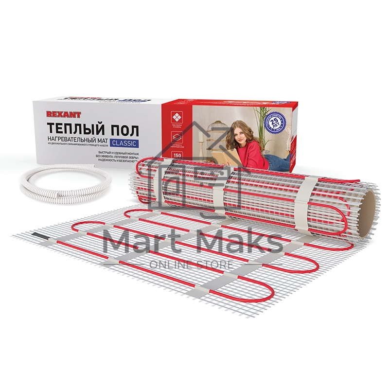 Тёплый пол (нагревательный мат) Rexant Classic RNX -1,0-150 (площадь1,0 м2 (0,5 х 2,0 м)),150 Вт, двухжильный с экраном