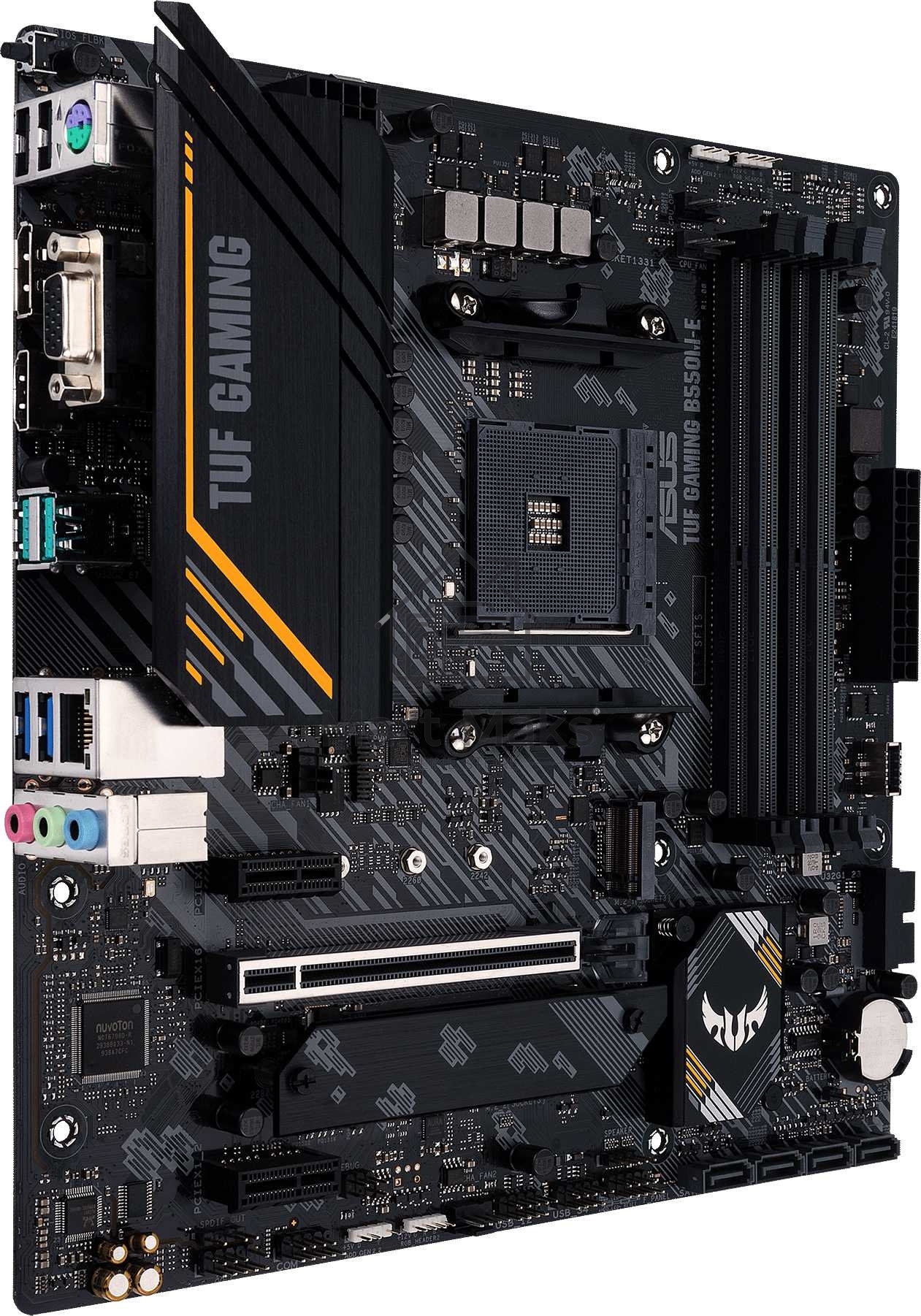 Материнская плата ASUS TUF GAMING B550M-E, AM4, AMD B550, 4xDDR4, 4xSATA, 2xM.2, 1xPCI-E 4.0 x16, 2xPCI-E x1, 1xHDMI, 1xDP, 1xVGA, 1x 1Gb LAN, 2xUSB 2.0, 2xUSB 3.2 Gen 1, 2xUSB 3.2 Gen 2, 3x3.5 мм, 7.1, Micro-ATX