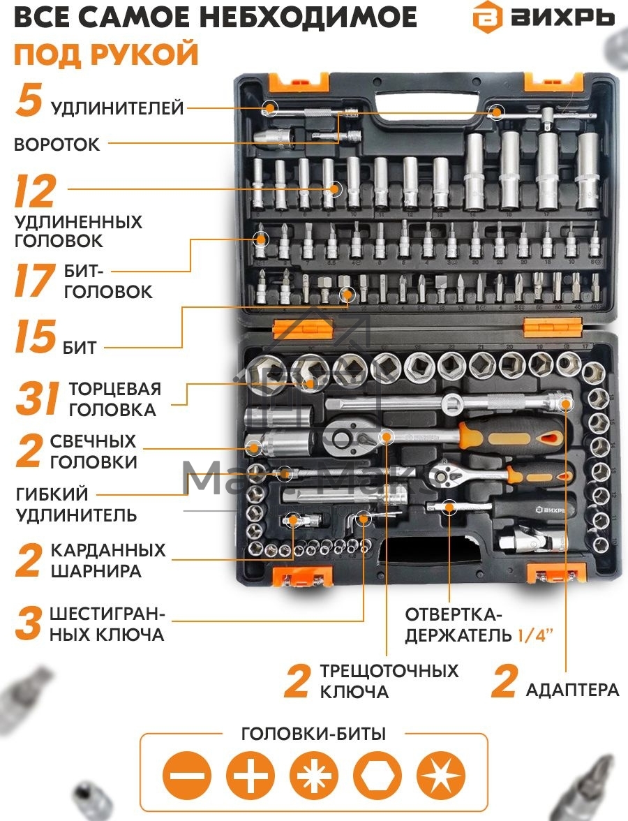 Набор инструментов 1/2дюйм; 1/4дюйм CrV пластик. кейс (94 предм.) Вихрь 73/6/7/5