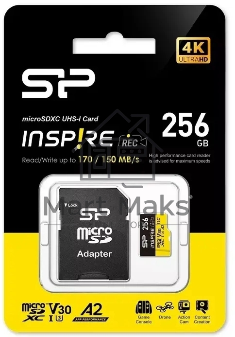Флеш карта microSDXC 256GB Silicon Power SP256GBSTXLA2V1NSP Inspire V30 A2 + adapter
