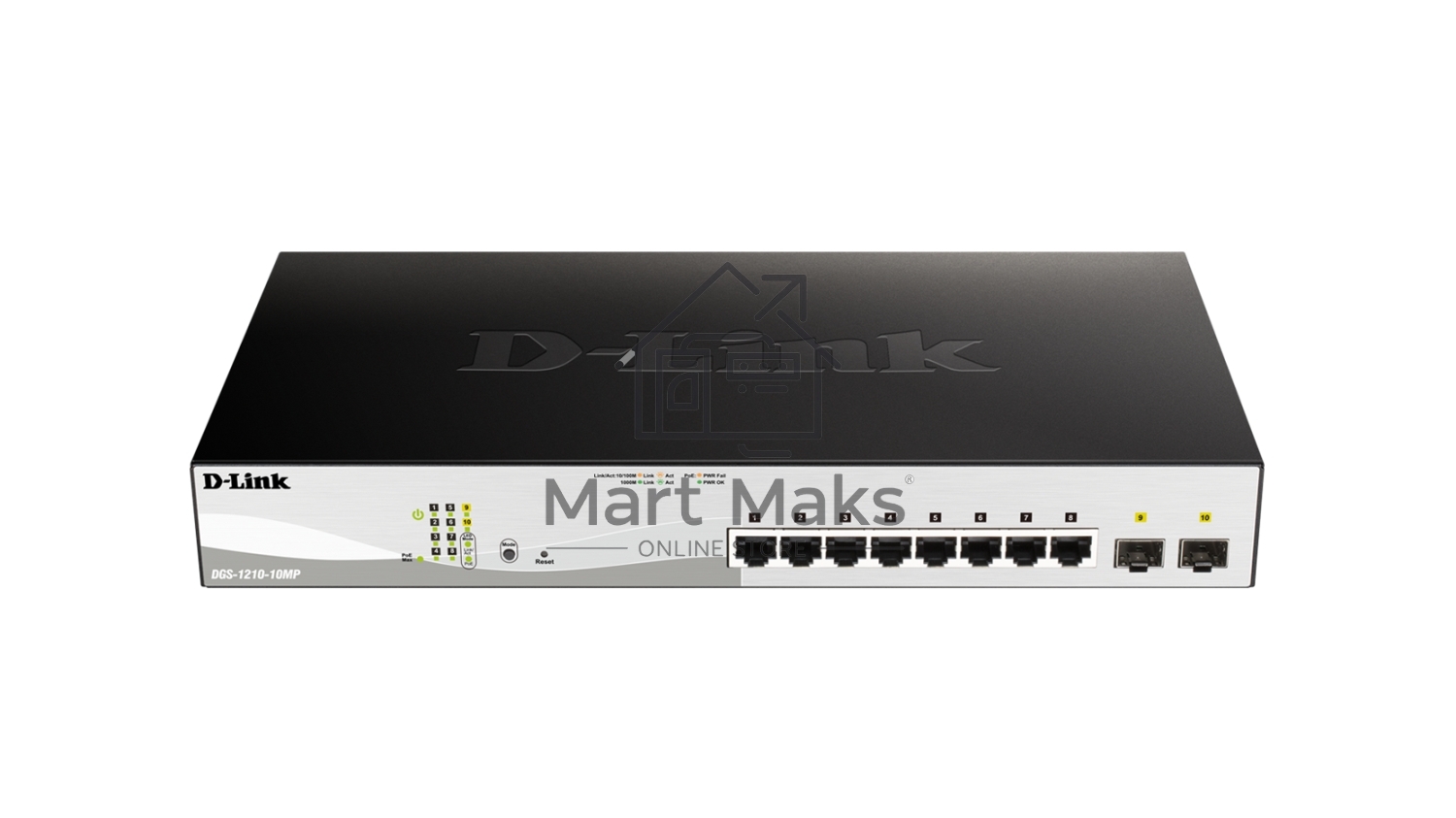 Коммутатор D-Link DGS-1210-10MP/F1A Настраиваемый коммутатор WebSmart с 8 портами 10/100/1000Base-T и 2 портами 1000Base-X SFP (8 портов с поддержкой PoE 802.3af/802.3at (30 Вт), PoE-бюджет 130 Вт)