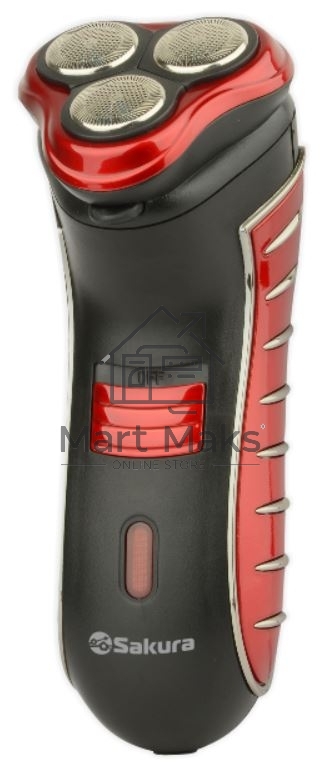 Электробритва Sakura SA-5414RB красно-черный(Бритва электрическая, сухое бритье, работа от аккумулятора. 3 бреющие головки. Индикатор заряда батарейки. Защитная крышка. Щеточка для очистки.)