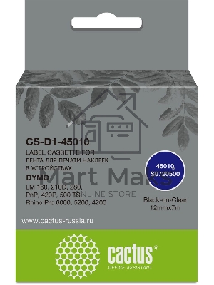 Картридж ленточный Cactus CS-D1-45010 12мм, черный шрифт, прозрачный фон, 7м для DYMO LM 160, 210D, 280, PnP, 420P, 500 TS; Rhino Pro 6000, 5200, 4200