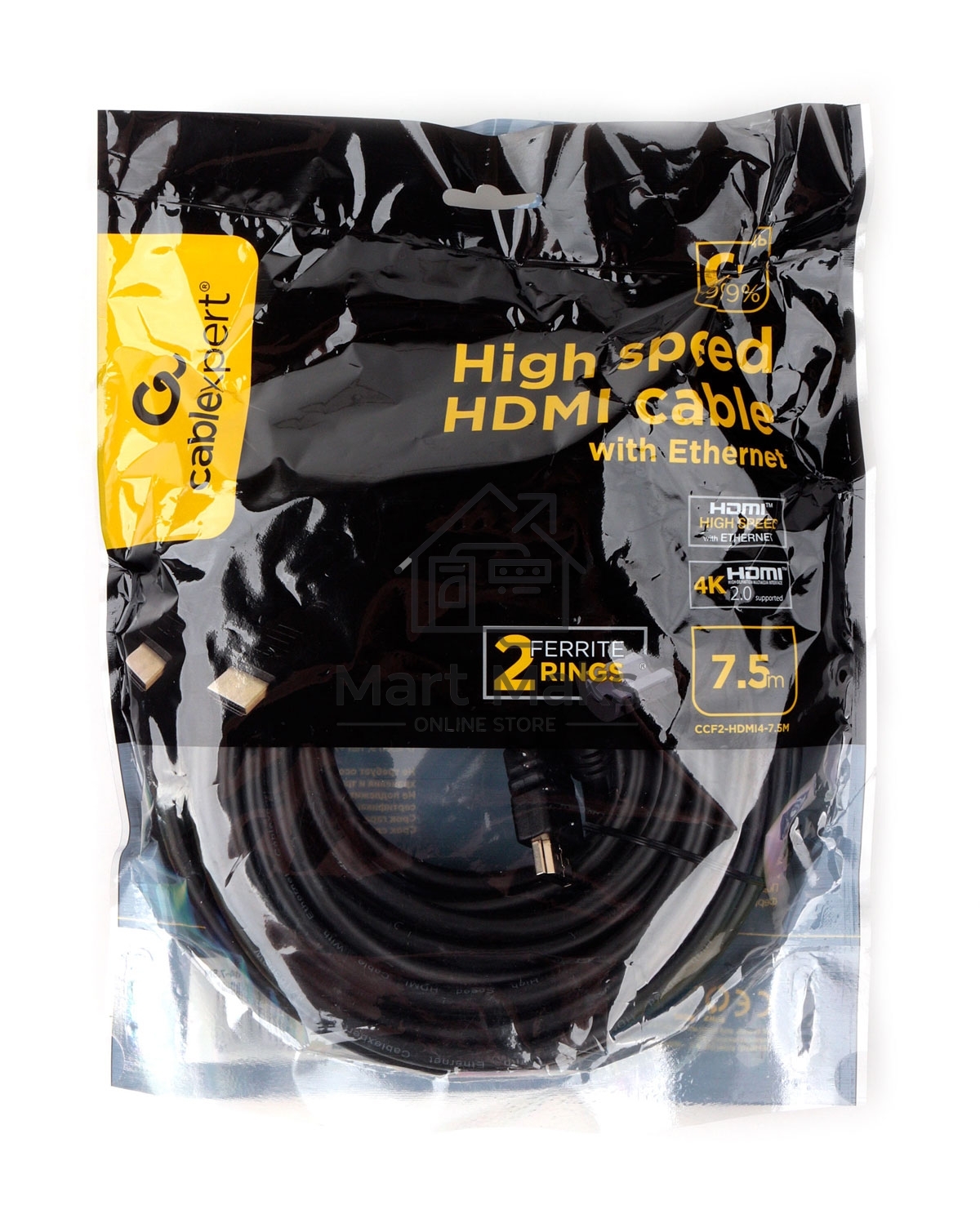 Кабель HDMI Cablexpert CCF2-HDMI4-7.5M, 19M/19M, v2.0, медь, позол.разъем, экран, 2 фер.кольца, 7.5м, черный, пакет