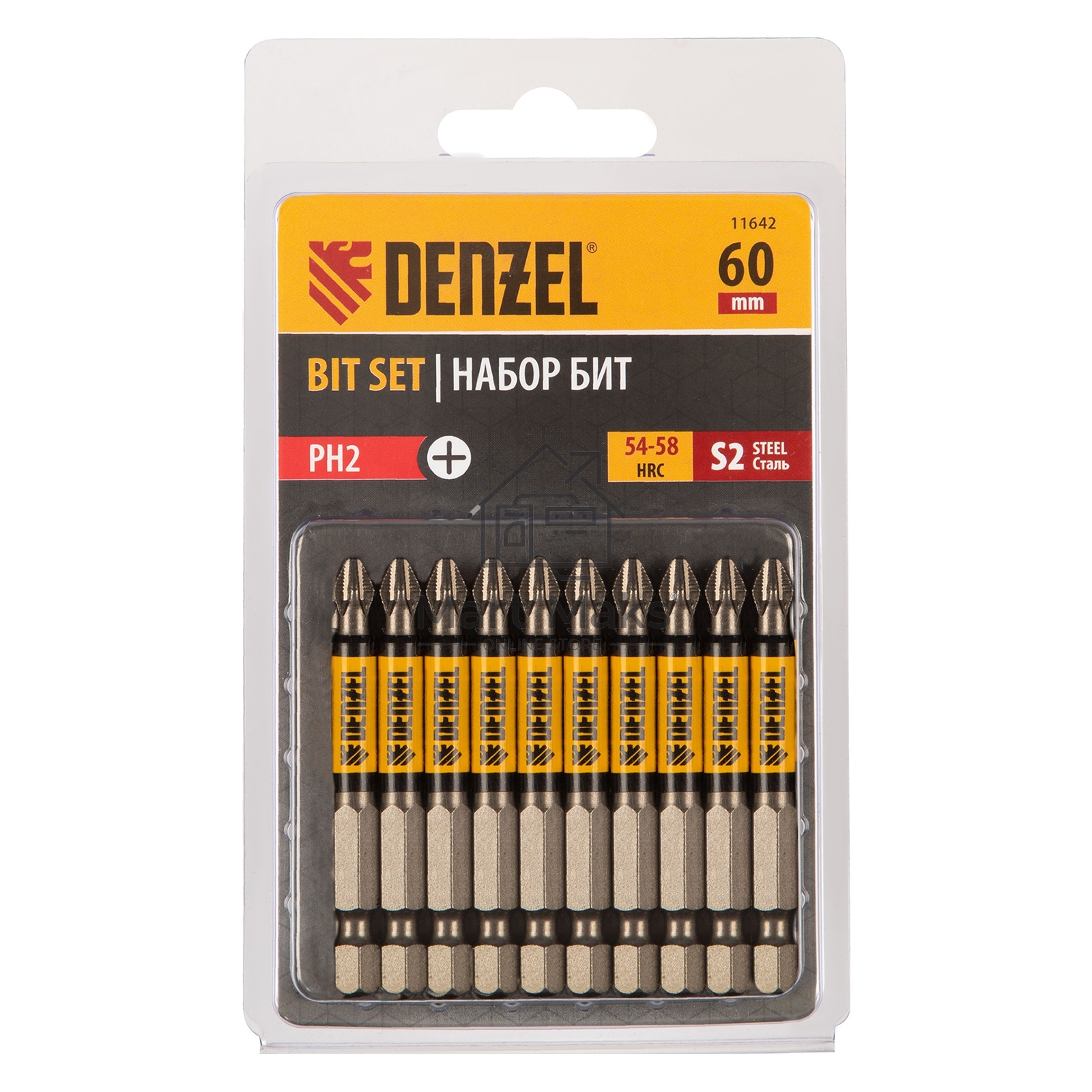 Набор бит PH2х60, сталь S2, круглый профиль, 10 шт. Denzel