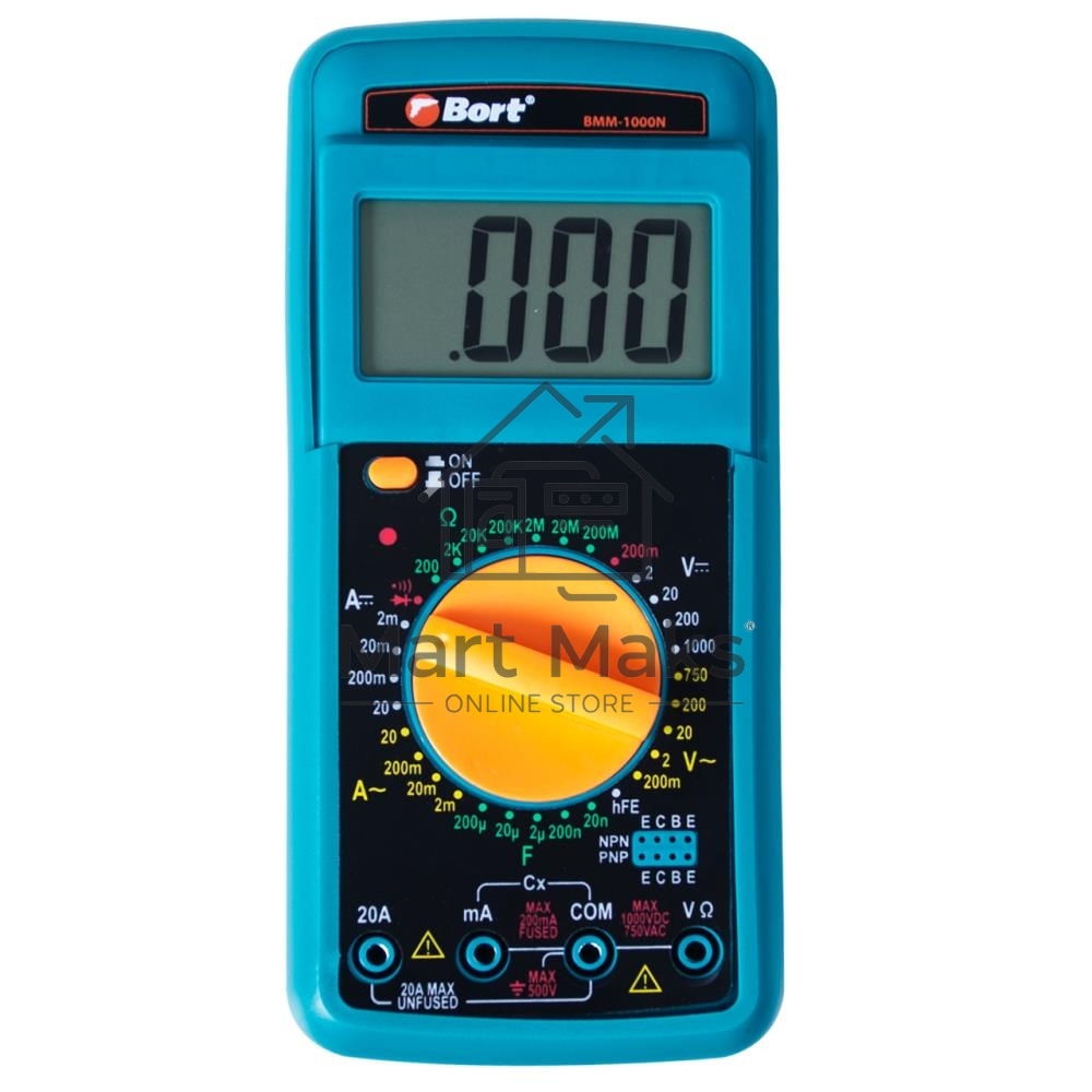 Мультиметр Bort BMM-1000N 91271143 Диапазон постоянного напряжения 0-1000 тип, диапазон постоянного тока 0-20 тип, диапазон переменного напряжения 0-750 тип, 0.3 кг, набор акс 4 шт