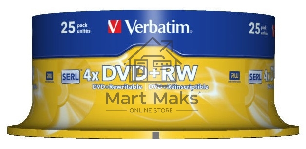 Диск DVD+RW Verbatim 4.7Gb 4x Cake Box (25шт) (43489)