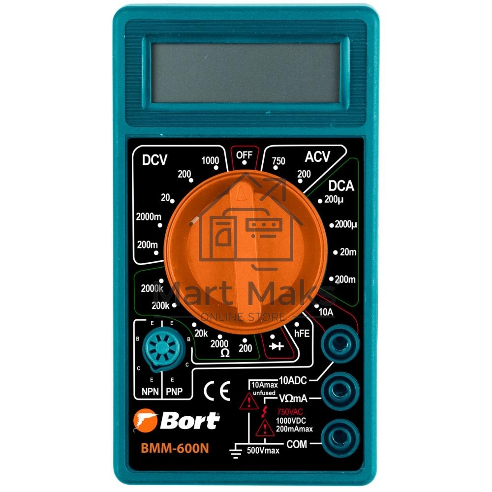 МультиметрBort BMM-600N 91271167 Диапазон постоянного напряжения 0-1000 тип, диапазонпостоянного тока 0-10 тип, диапазонпеременного напряжения 0-750 тип, 0.1 кг