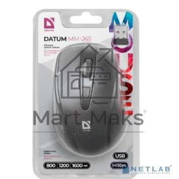 Мышь беспроводная Defender Datum MM-265 черный, 1600 dpi, радиоканал, USB, кнопки - 4
