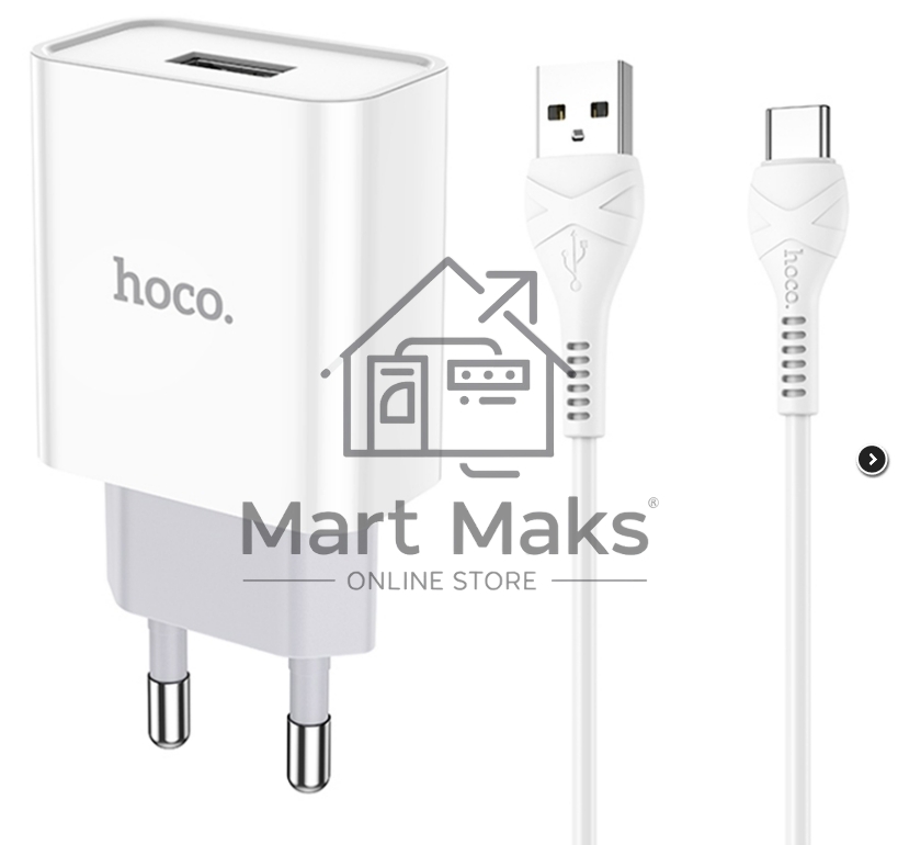 Блок питания (сетевой адаптер) HOCO C81A Asombroso single 1xUSB с кабелем Type-C, 2.1A, 10W, белый