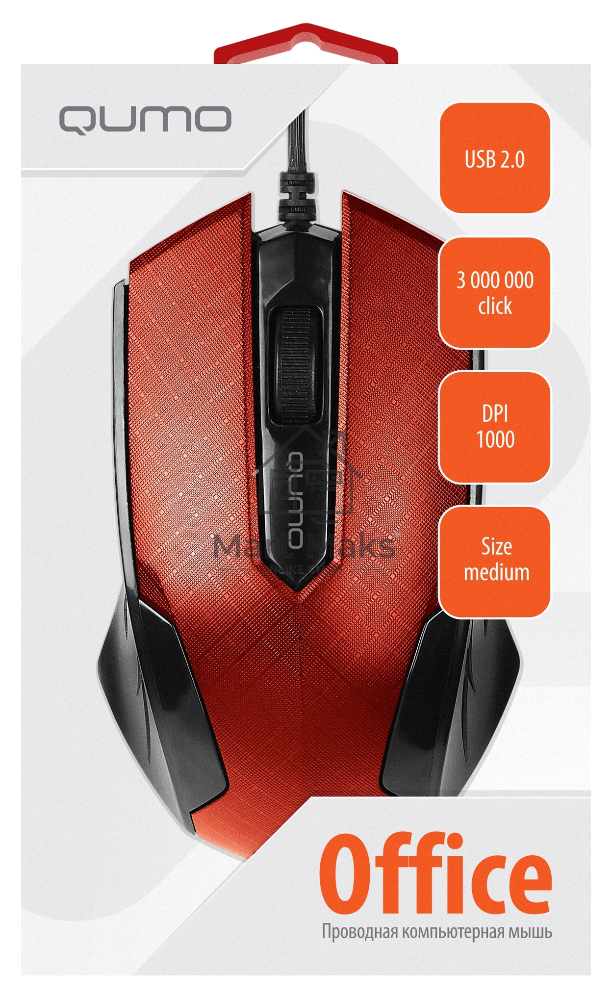 Мышь проводная Qumo Office M14 красный, 1000 dpi, USB, кнопки - 3