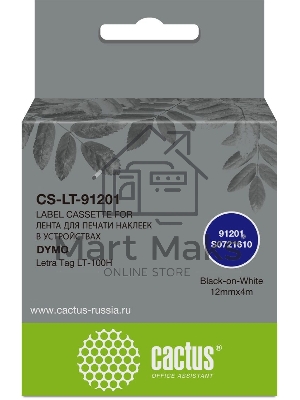 Картридж ленточный Cactus CS-LT-91201 черный шрифт, белый фон (12 мм, 4 м) для Dymo Letra Tag LT-100H