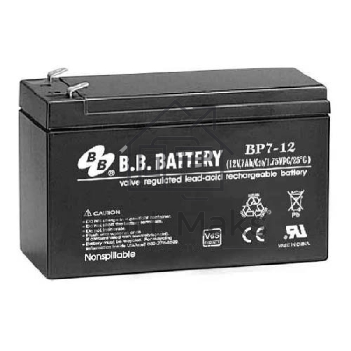 Аккумулятор B.B. Battery series BP, BP7-12, voltage 12V, capacity 7Ah (discharge 20 hours), max. discharge current (5 sec.) 105A, max. charge current 2.1A, lead-acid AGM type, T2 terminals, LxWxH 151x65x98mm, weight 2.54kg, service life 10 years