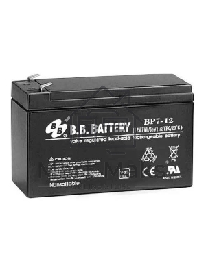 Аккумулятор B.B. Battery series BP, BP7-12, voltage 12V, capacity 7Ah (discharge 20 hours), max. discharge current (5 sec.) 105A, max. charge current 2.1A, lead-acid AGM type, T2 terminals, LxWxH 151x65x98мм, weight 2.54kg, service life 10 years