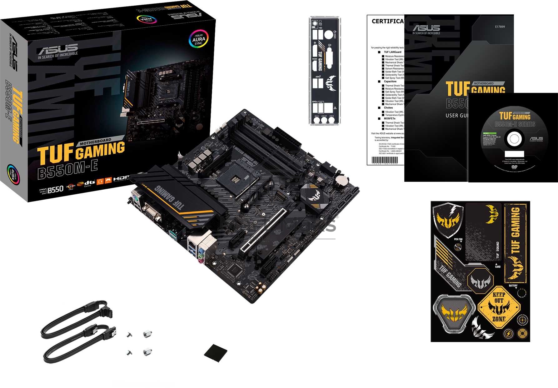 Материнская плата ASUS TUF GAMING B550M-E, AM4, AMD B550, 4xDDR4, 4xSATA, 2xM.2, 1xPCI-E 4.0 x16, 2xPCI-E x1, 1xHDMI, 1xDP, 1xVGA, 1x 1Gb LAN, 2xUSB 2.0, 2xUSB 3.2 Gen 1, 2xUSB 3.2 Gen 2, 3x3.5 мм, 7.1, Micro-ATX