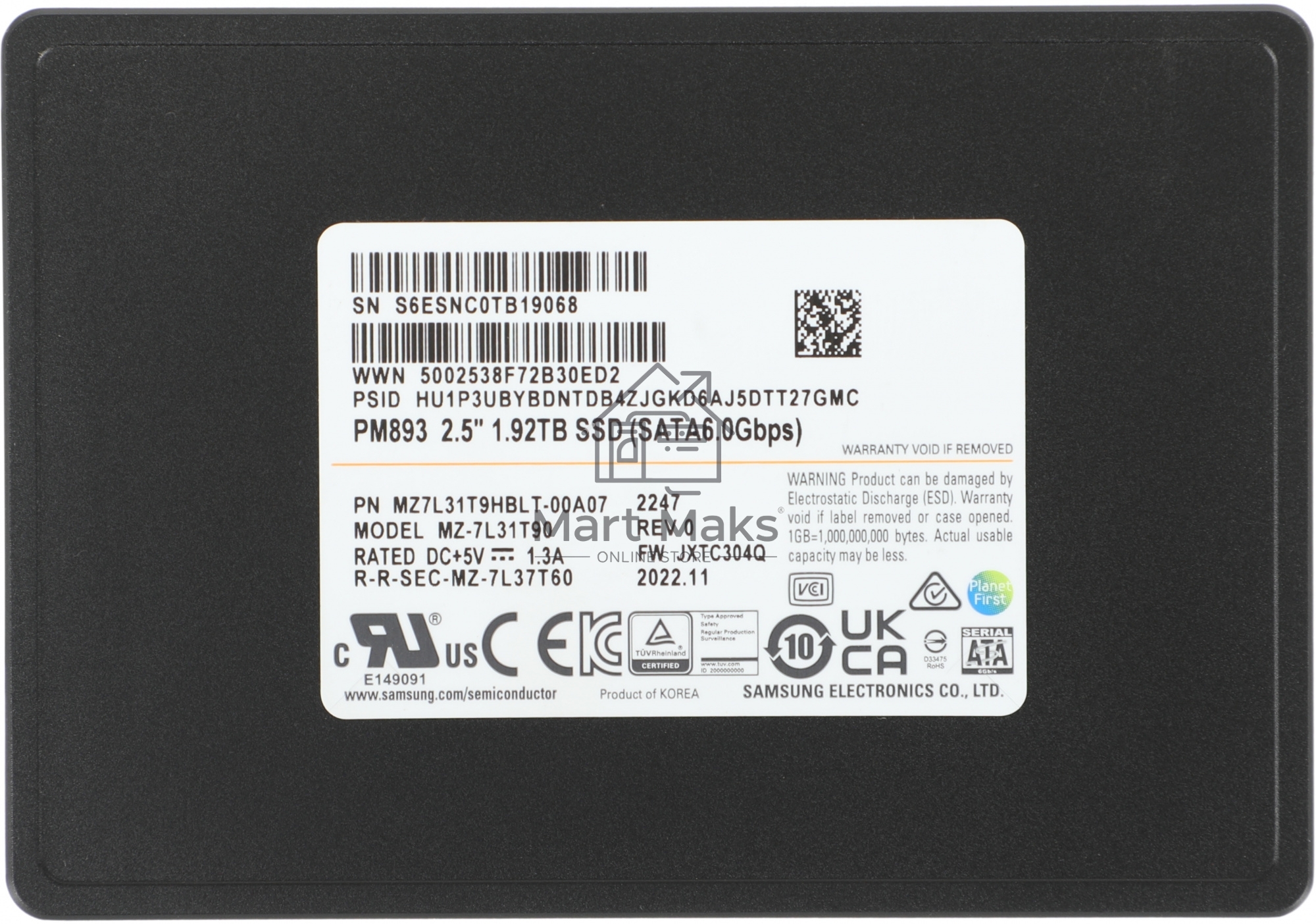 Накопитель SSD Samsung PM893, 1920GB, SATA III, R/W 550/520