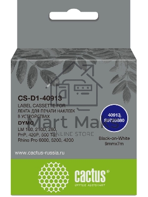 Картридж ленточный Cactus CS-D1-40913 9мм, черный шрифт, белый фон, 7м для DYMO LM 160, 210D, 280, PnP, 420P, 500 TS; Rhino Pro 6000, 5200, 4200