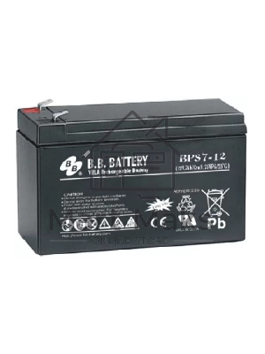 Аккумулятор B.B. Battery series BP, BP7-12, voltage 12V, capacity 7Ah (discharge 20 hours), max. discharge current (5 sec.) 105A, max. charge current 2.1A, lead-acid AGM type, T2 terminals, LxWxH 151x65x98мм, weight 2.54kg, service life 10 years