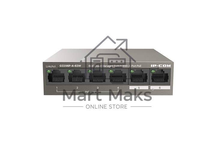 Сетевой коммутатор IP-COM G2206P-4-63W 4x10Base-T / 100Base-TX / 1000Base-T 2x1000Base-T PoE порты 4 Количество портов PoE+ 4 G2206P-4-63W