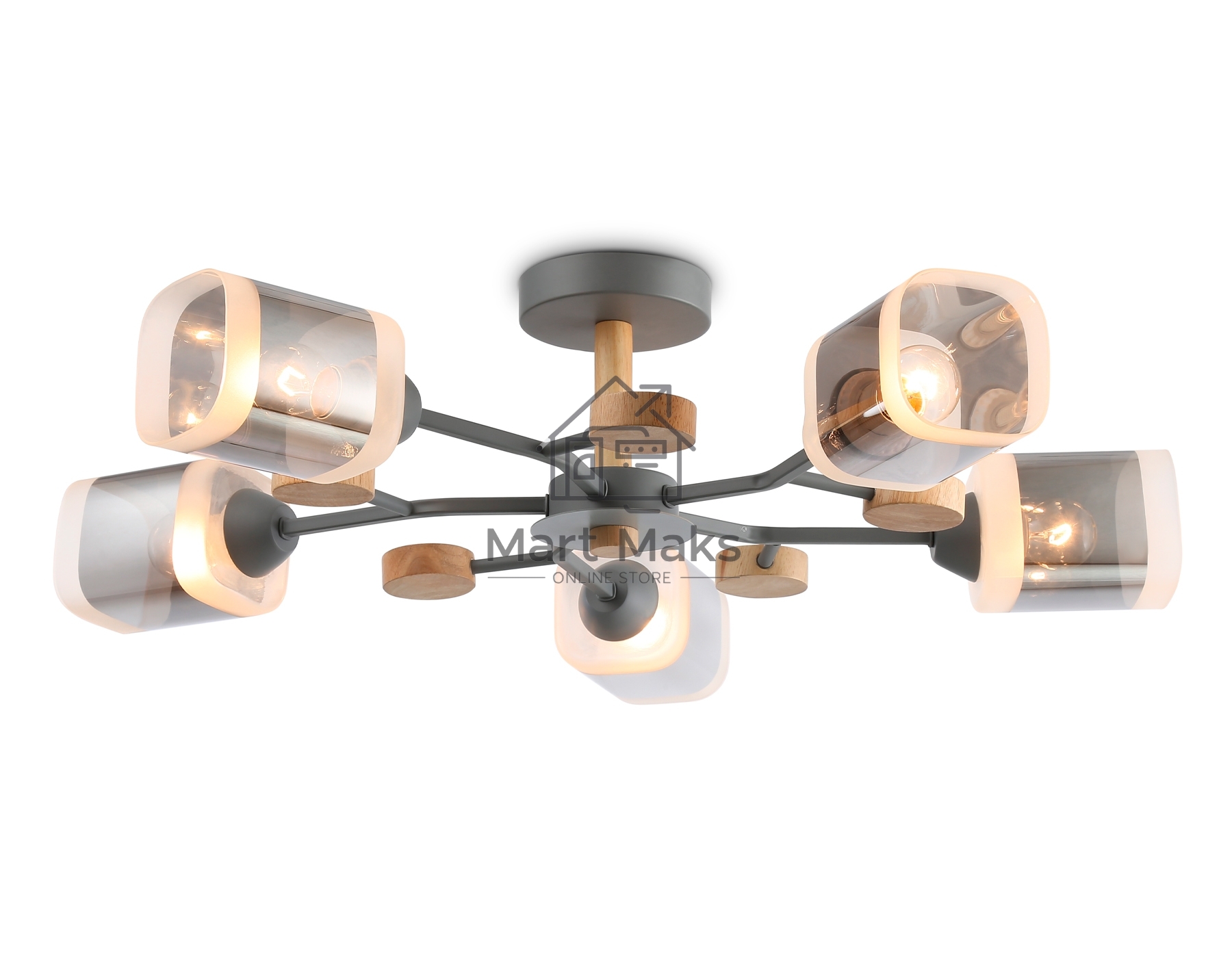Светильник Ambrella light TR3033233/5 GR/LW/SM серый/светлое дерево/дымчатый E27*5 max 60W D700*180