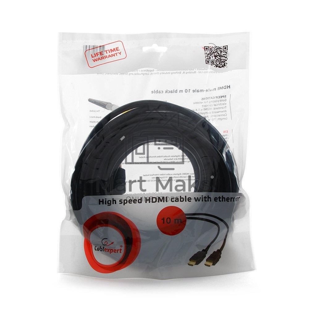 Кабель Cablexpert HDMI CC-HDMI4-10M, 19M/19M, v2.0, медь, позол.разъемы, экран, 10м, черный, пакет