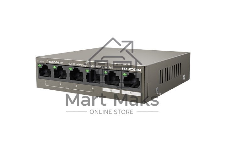 Сетевой коммутатор IP-COM G2206P-4-63W 4x10Base-T / 100Base-TX / 1000Base-T 2x1000Base-T PoE порты 4 Количество портов PoE+ 4 G2206P-4-63W
