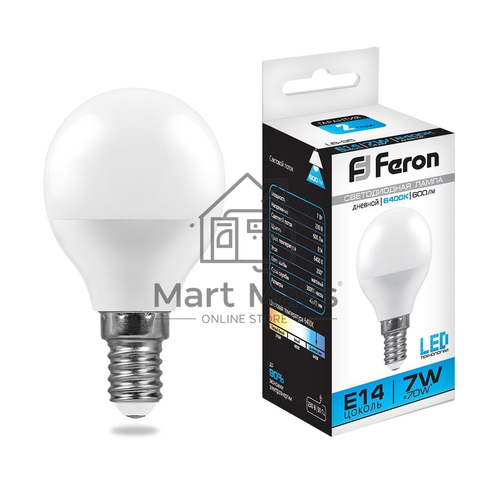 Лампа светодиодная FERON LB-95 (25480) 7W 230V E14 6400K G45