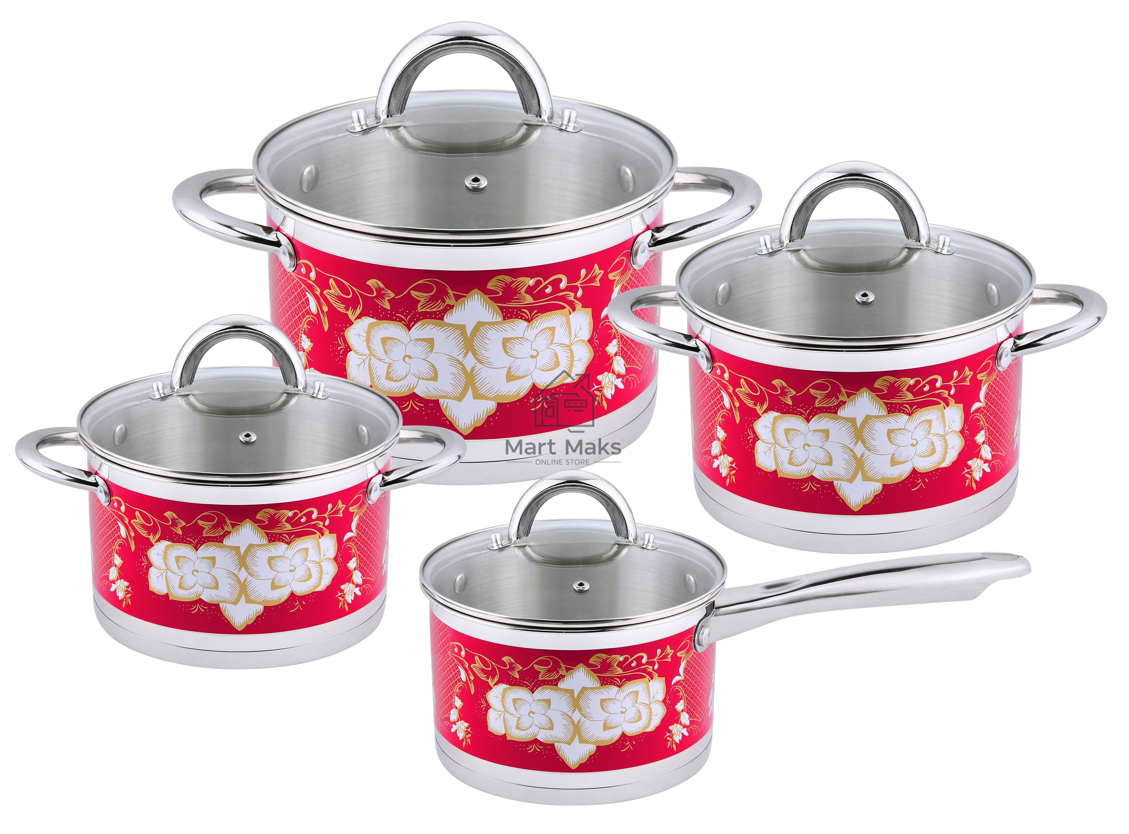 Набор кастрюль Pomi d'Oro P-640362 Fiore red, 18см, 20см, 24см и соусник 16см с крышками