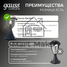 Светильник садово-парковый Gauss Aura на постамент 200x200x310мм, 170-240V/50Hz, 1xE27, Max.60W, IP: 54, 1/6