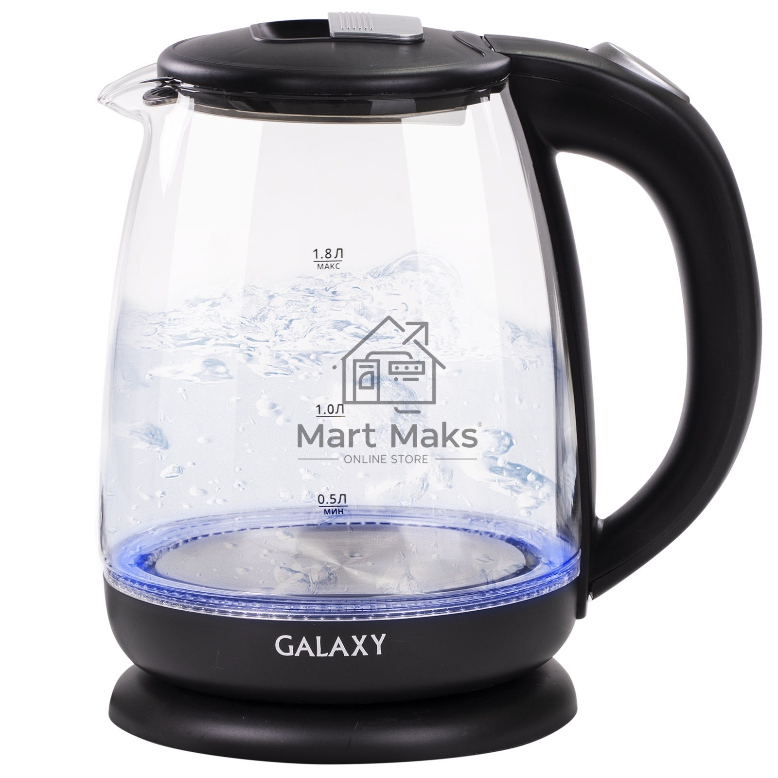 Чайник электрический Galaxy Line GL 0554, черный, стекло, 2000 Вт, 1,8 л, LED-подсветка, шкала уровня воды, корпус из термостойкого стекла