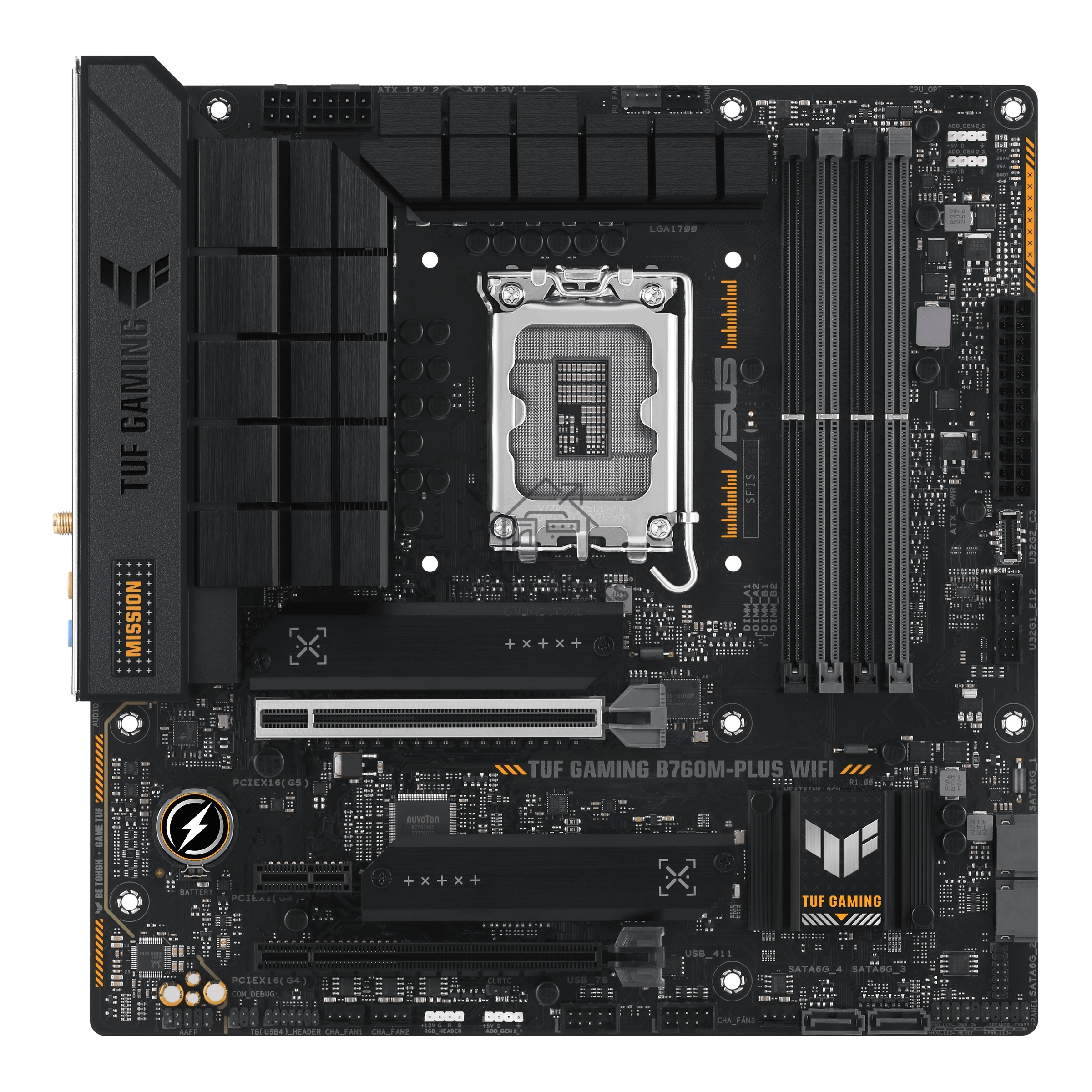 Материнская плата ASUS TUF GAMING B760M-PLUS WIFI, LGA 1700, Intel B760, 4xDDR5, 4xSATA, 2xM.2, 1xPCI-E 5.0 x16, 1xPCI-E 4.0 x4, 3xUSB-A 3.2 Gen 1, 2xUSB-A 3.2 Gen 2, 2xUSB 2.0, 1xUSB-C 3.2 Gen 2x2, 1x2.5Gb LAN, 5x3.5 мм, 7.1, Wi-Fi 6, Bluetooth 5.2, Micr