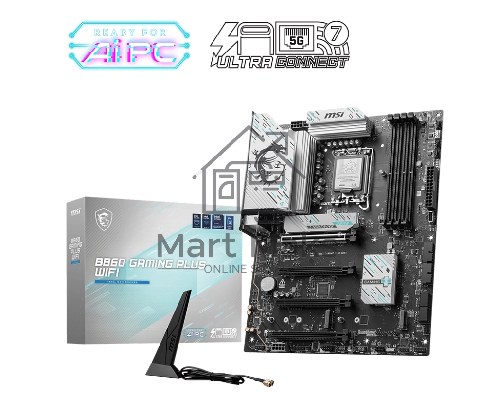 Материнская плата MSI B860 GAMING PLUS WIFI, LGA 1851, Intel B860, 4xDDR5, 4xSATA, 3xM.2, 1xPCIe 4.0 x4, 1xPCIe 5.0 x16, 1xDP, 1xHDMI, 1xUSB-C, 1x 5Gb LAN, 4xUSB-A 2.0, 2xUSB-A 3.2 Gen 1, 2xUSB 3.2 Gen 2, 7.1, 3x3.5 мм, ATX